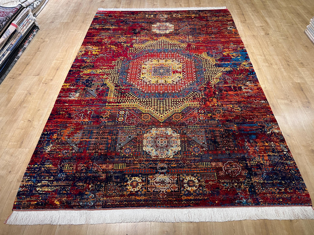 7x10 Ft Red Blue Colourful Silk Rug, Luxury Medallion Design, Traditional Pattern