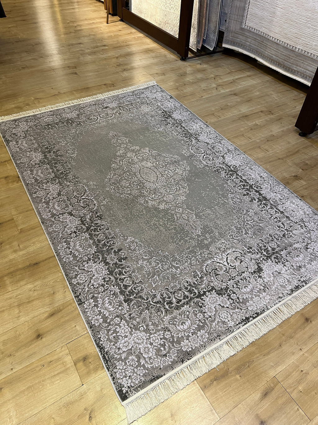 Gray Bamboo Rug, Turkish Medallion Design Carpet, Home Decor (5x8 ft)
