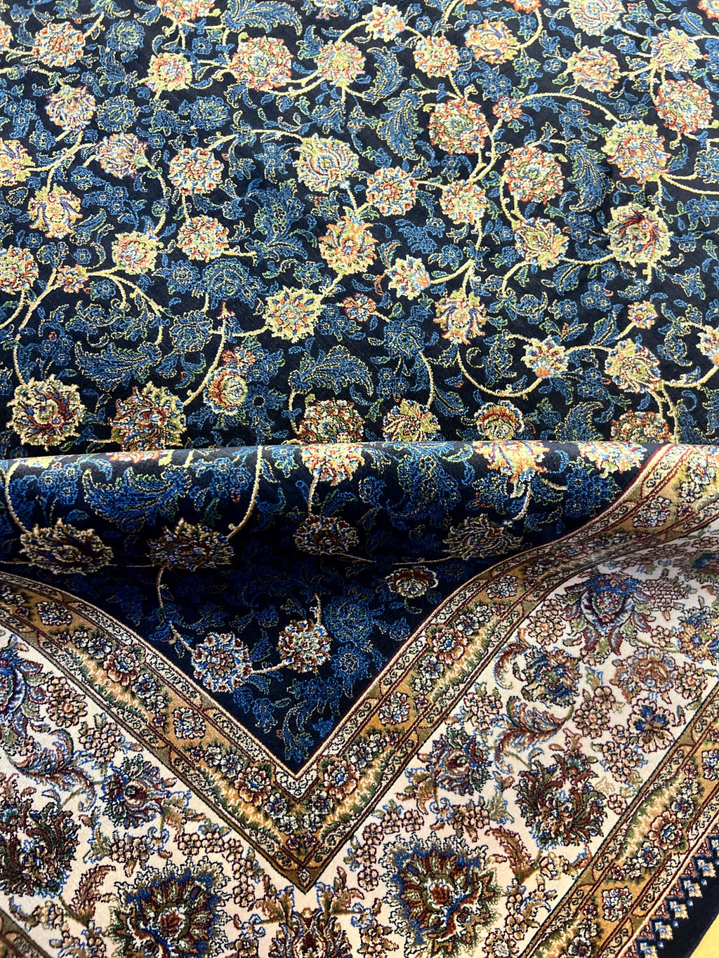 7x10 ft Blue Silk Bamboo Rug with Ivory Border and Gold Pattern, Classic Design