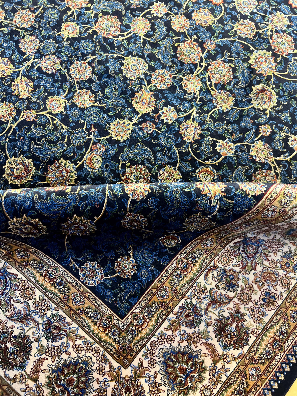 7x10 ft Blue Silk Bamboo Rug with Ivory Border and Gold Pattern, Classic Design