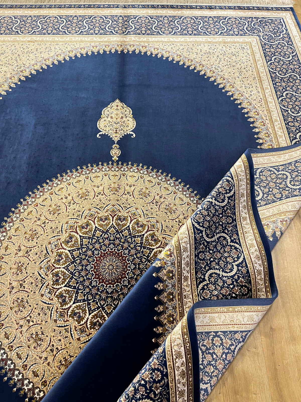 7x10 ft Elegant Silk Rug, Navy Ground Gold Medallion Classic Design