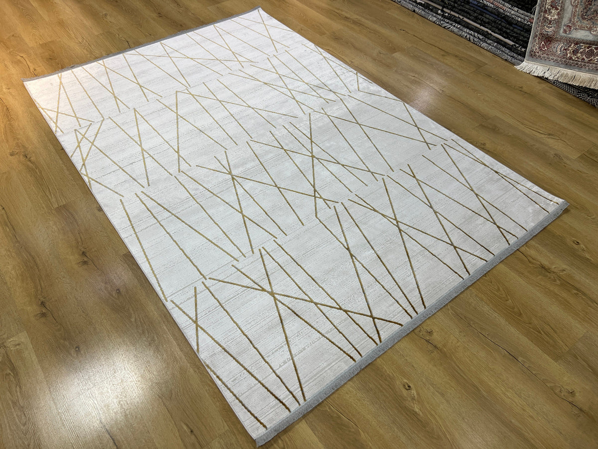 Modern Turkish Rug, White Gold Bamboo Acrylic, 5x8 ft