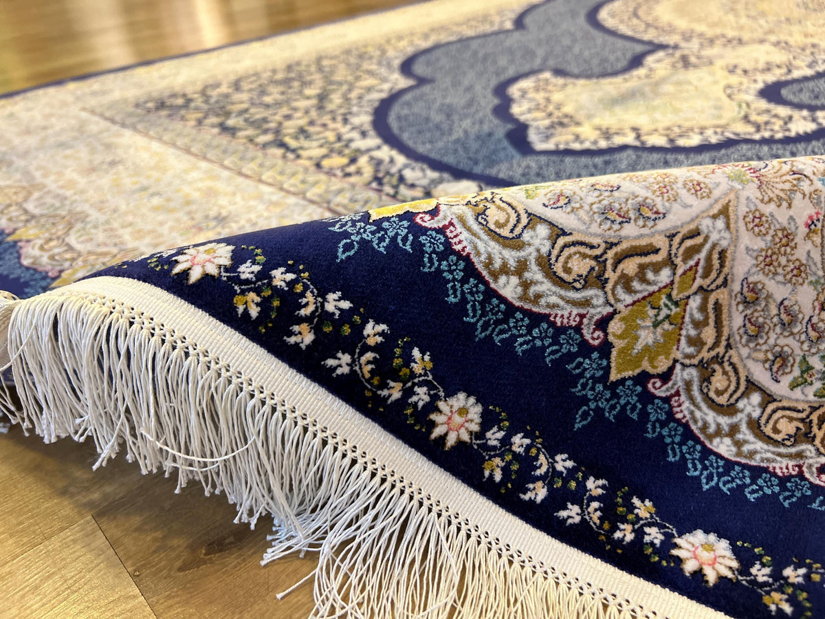 Navy Blue Modal Silk Turkish Carpet, 7x10 ft, Medallion Pattern Rug