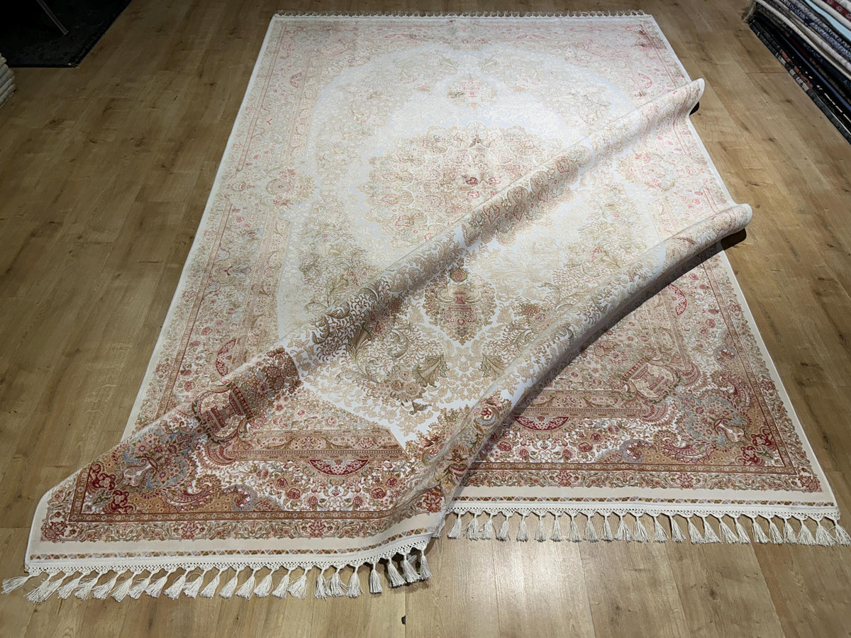 7x10 Ivory Silk Rug, Green Gold Floral Silk Carpet, Classic Medallion Design