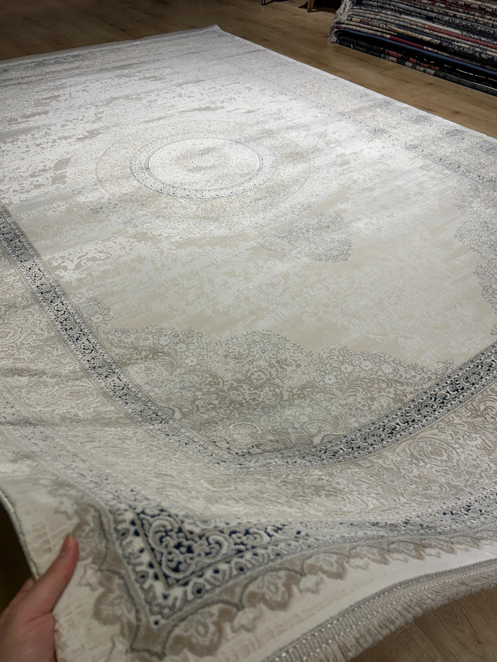 Cream Navy Blue  Bamboo Rug, Classic Medallion Bamboo Carpet, Home Decor