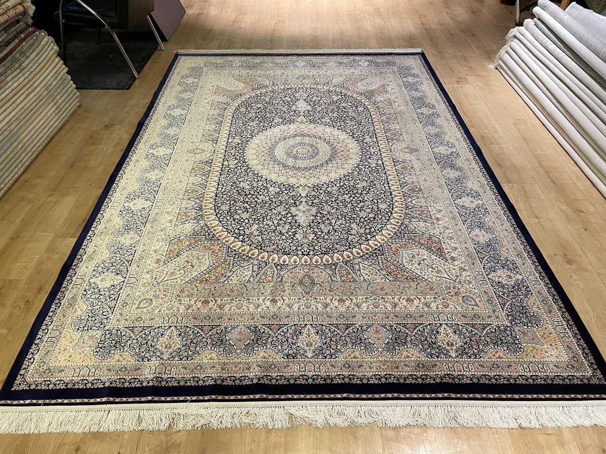 7x10 Ft Dark Blue Silk Rug, Luxury Medallion Design, Traditional Pattern
