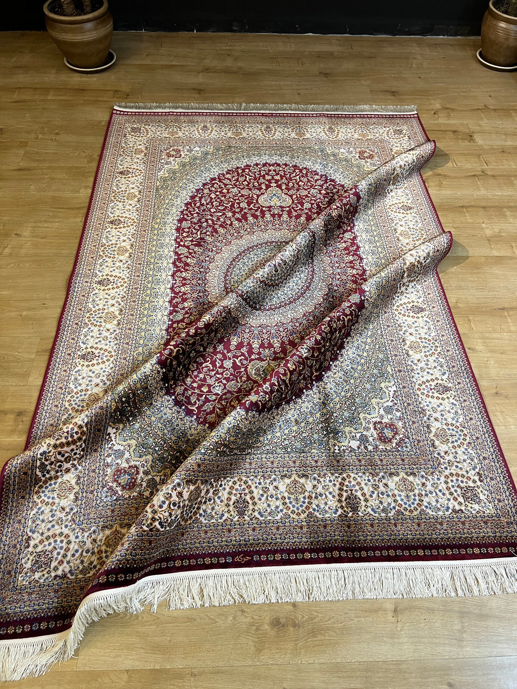 Red Beige Silk Rug, Turkish Carpet, Medallion Design 5x8 ft
