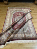 Red Beige Silk Rug, Turkish Carpet, Medallion Design 5x8 ft