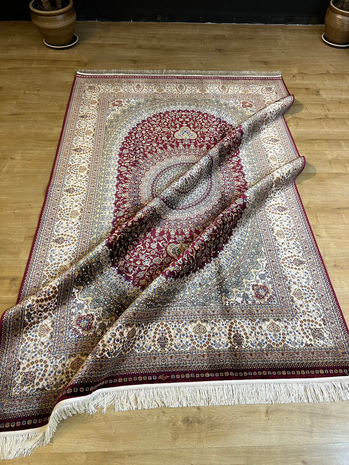 Red Beige Silk Rug, Turkish Carpet, Medallion Design 5x8 ft
