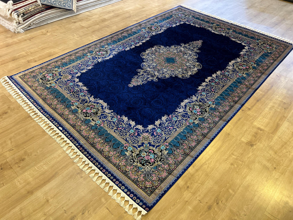8x11 ft Navy Blue Silk Rug with Gold Floral Patterns, Classic Medallion Area Rug