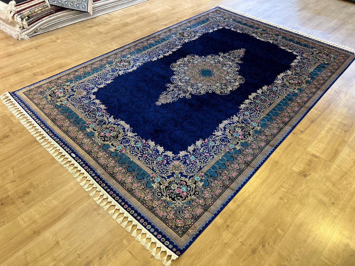 8x11 ft Navy Blue Silk Rug with Gold Floral Patterns, Classic Medallion Area Rug
