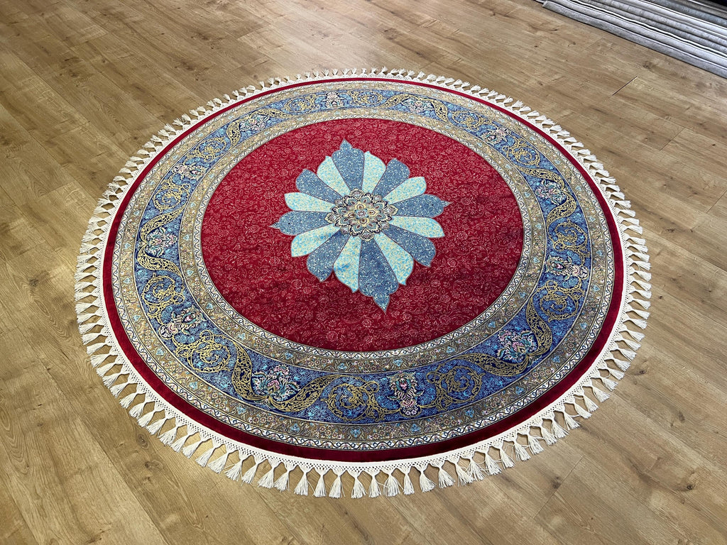 5x5 ft Round Red Silk Rug With Blue Medallion