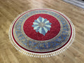 5x5 ft Round Red Silk Rug With Blue Medallion