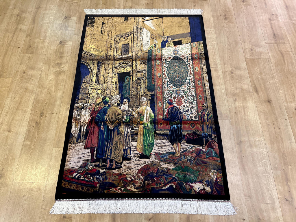 3x5 Ft Tapestry Silk Rug With Historic Bazaar Illustration, Wall Decor