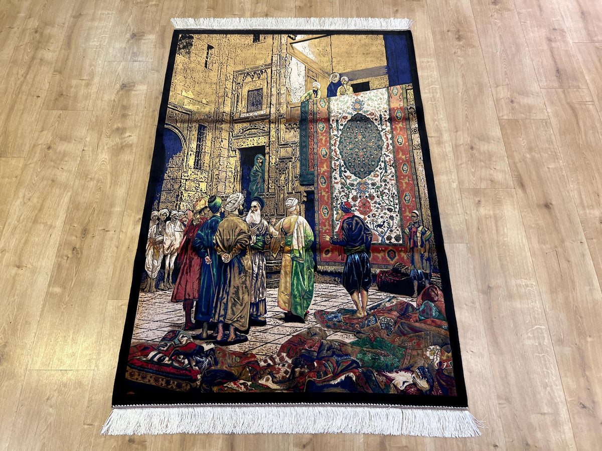 3x5 Ft Tapestry Silk Rug With Historic Bazaar Illustration, Wall Decor