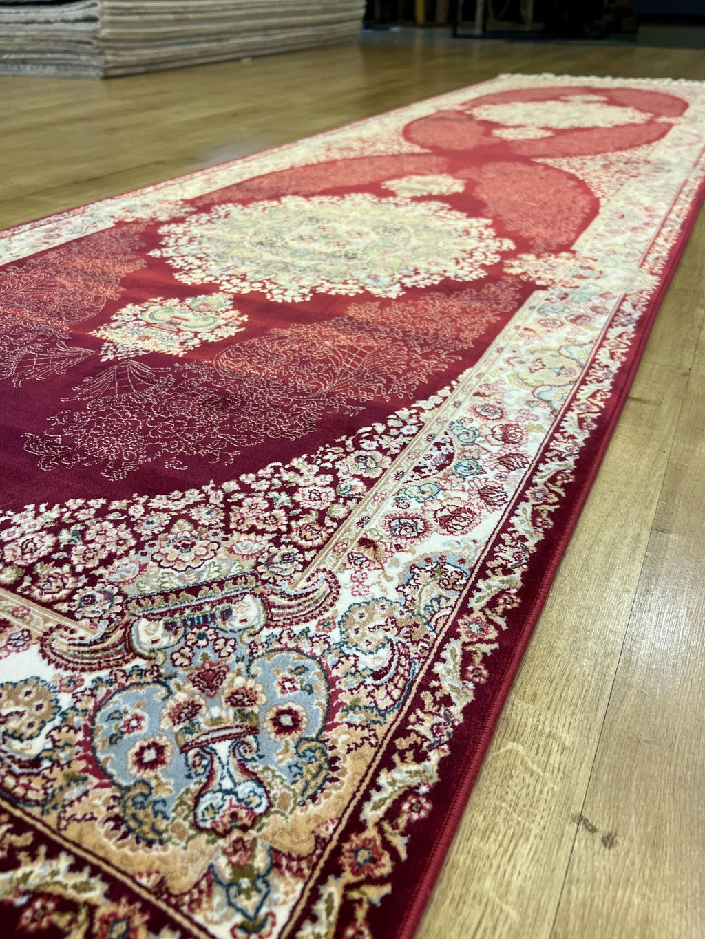 Red Silk Runner Rug, 3x10 ft, Medallion Design Classic Turkish Style Luxury Rug