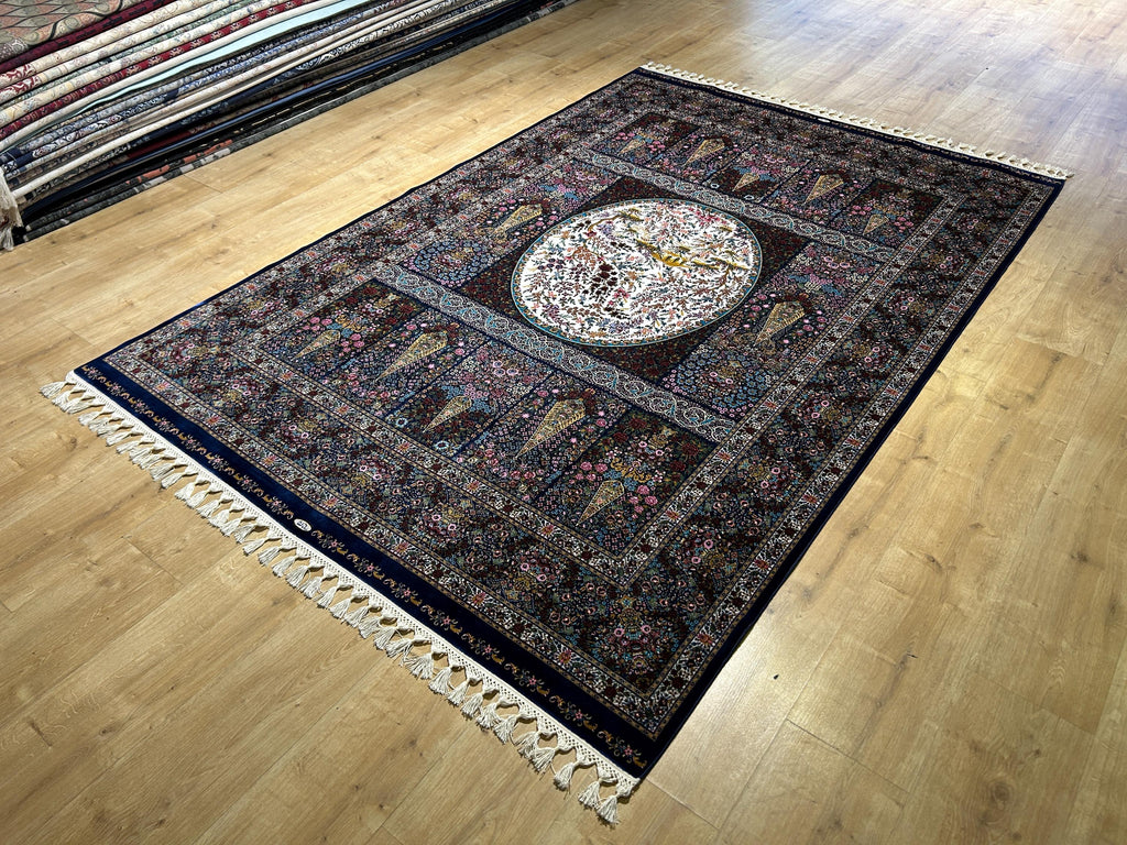 Navy Blue Floral Silk Rug, Tree Design Carpet, Luxury Classic Carpet