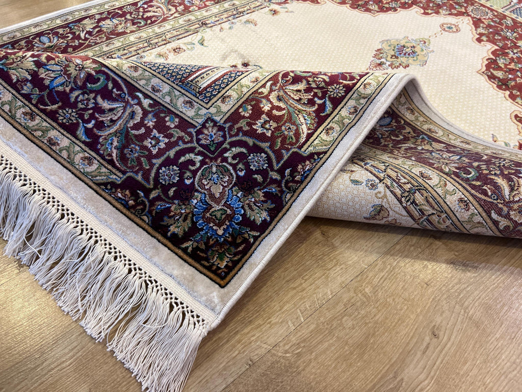 Silk Prayer Rug, Red Cream Muslim Gift Mat, Janamaz Rug 2.62x4.10 ft