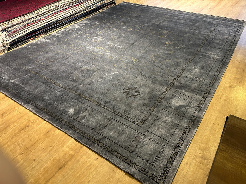 10x13 ft Smoked Gray Bamboo Rug, Distressed Pattern, Modern Rug