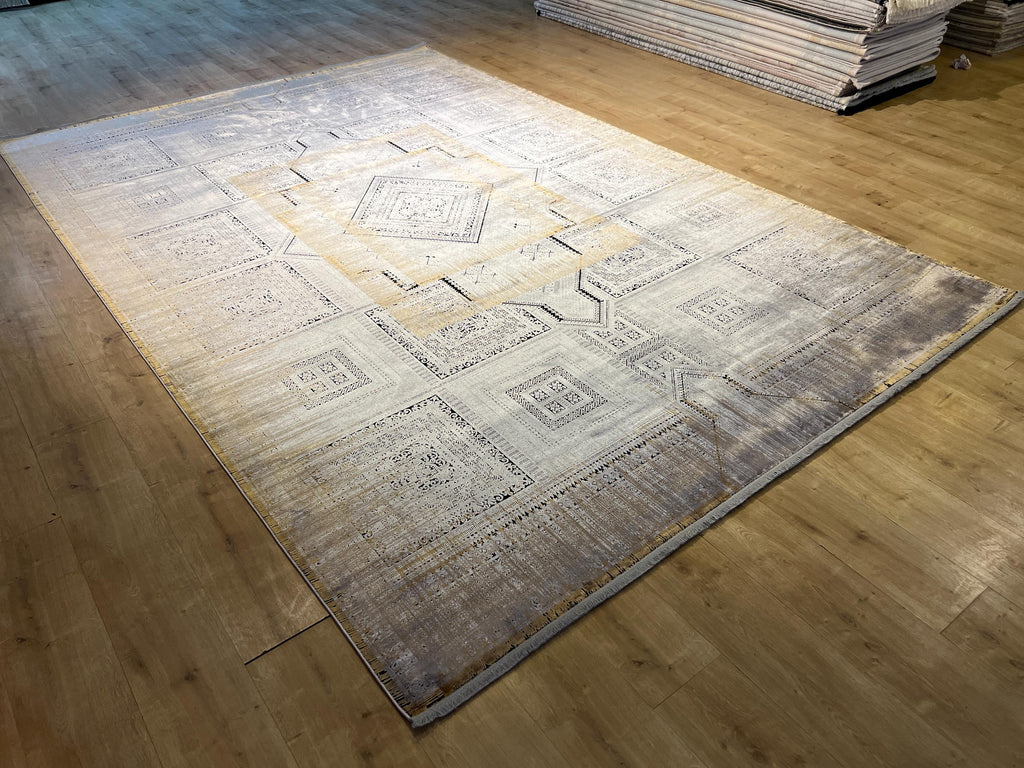 8x11 ft Gray Yellow Geometric Bamboo Rug with Ethnic Patterns, Modern Natural Carpet