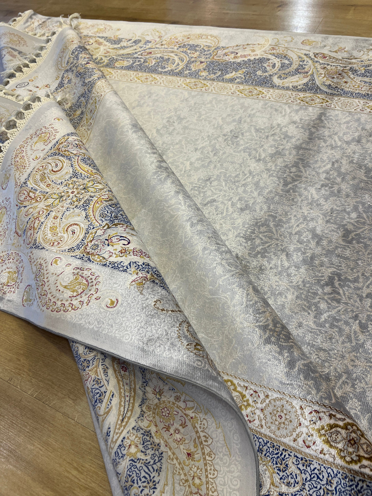 Gray Gold Modal Silk Rug, Turkish Carpet, 7x10 ft