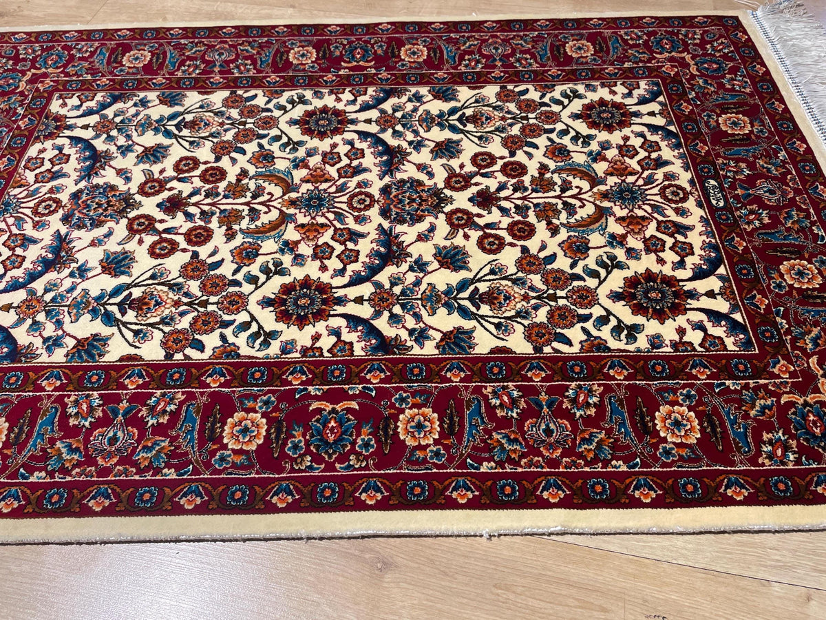 Cream Small Silk Rug, Red Bordered Floral Silk Mat, Luxury Home Decor