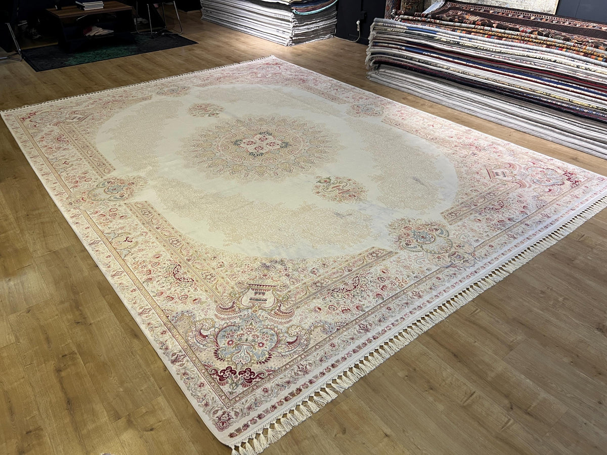 Ivory Bamboo Silk Rug 10x13 ft, Elegant Large Area Rug with Classic Medallion Pattern