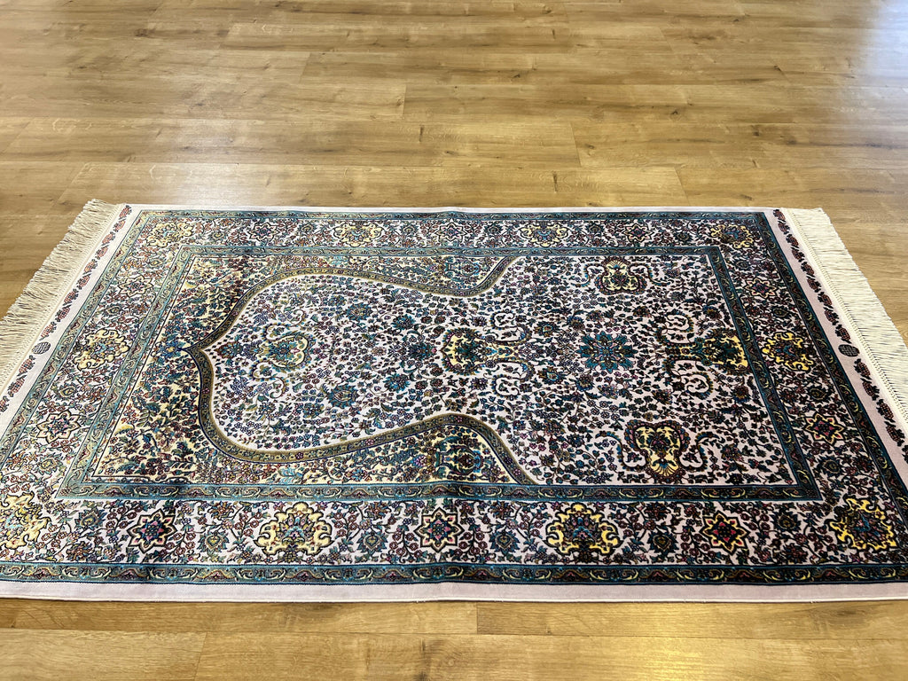 2.62X4.10 ft Ivory Silk Prayer Rug, Green Gold Floral Design, Muslim Prayer Mat