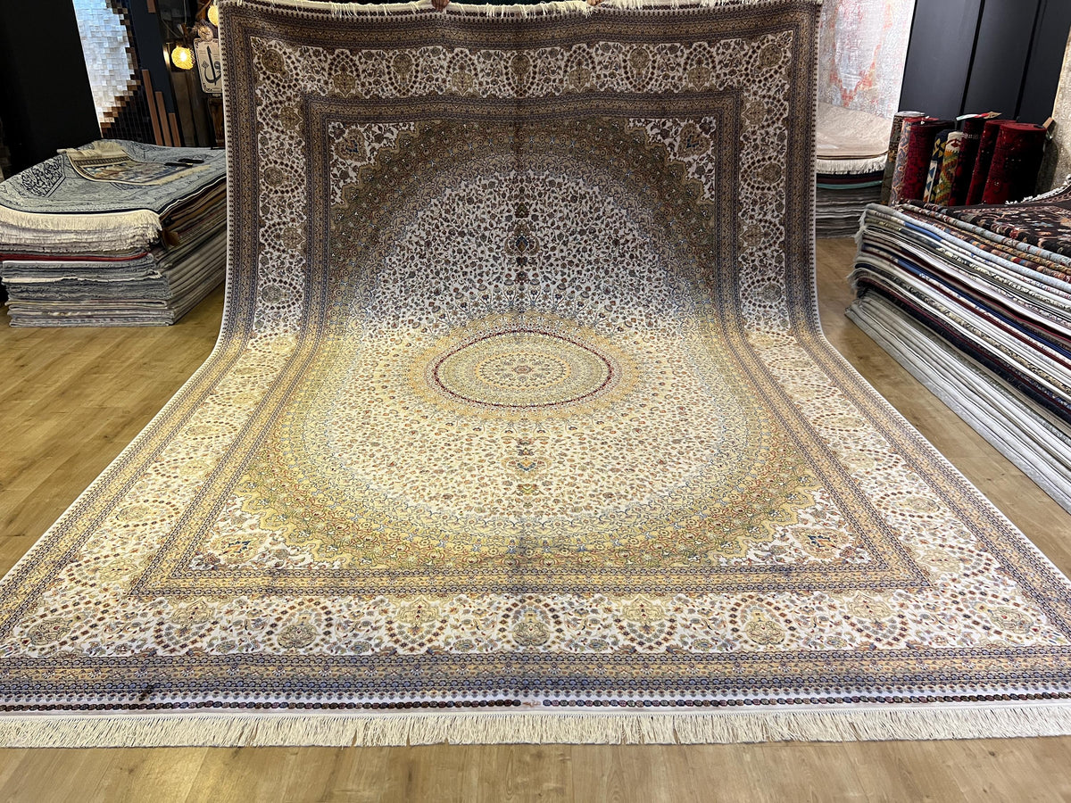 Bamboo Silk Ivory Rug 10x13 ft, Luxury Large Rug with Classic Medallion Design