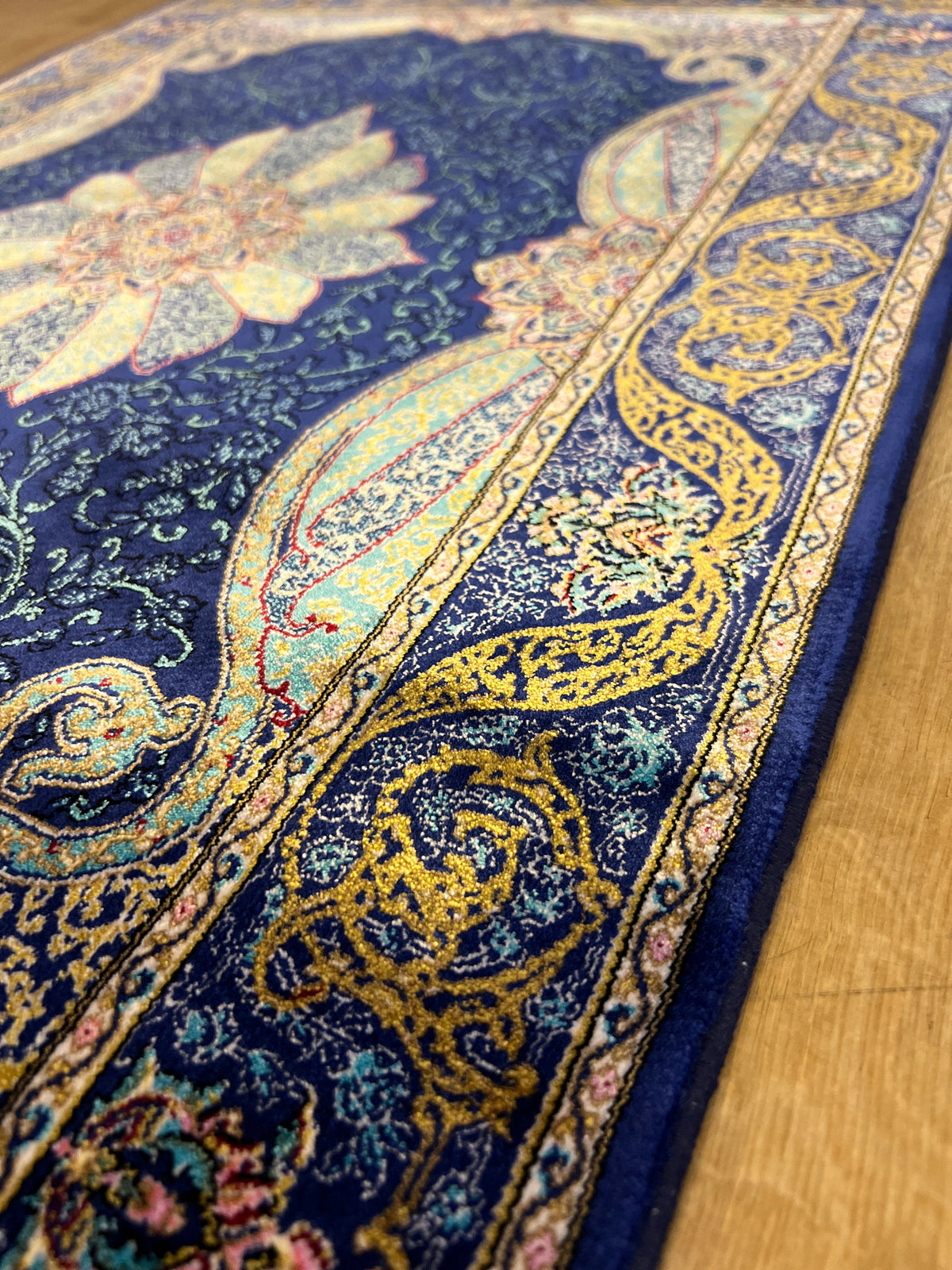 Navy Blue Silk Carpet, Medallion Design Classic Small Rug