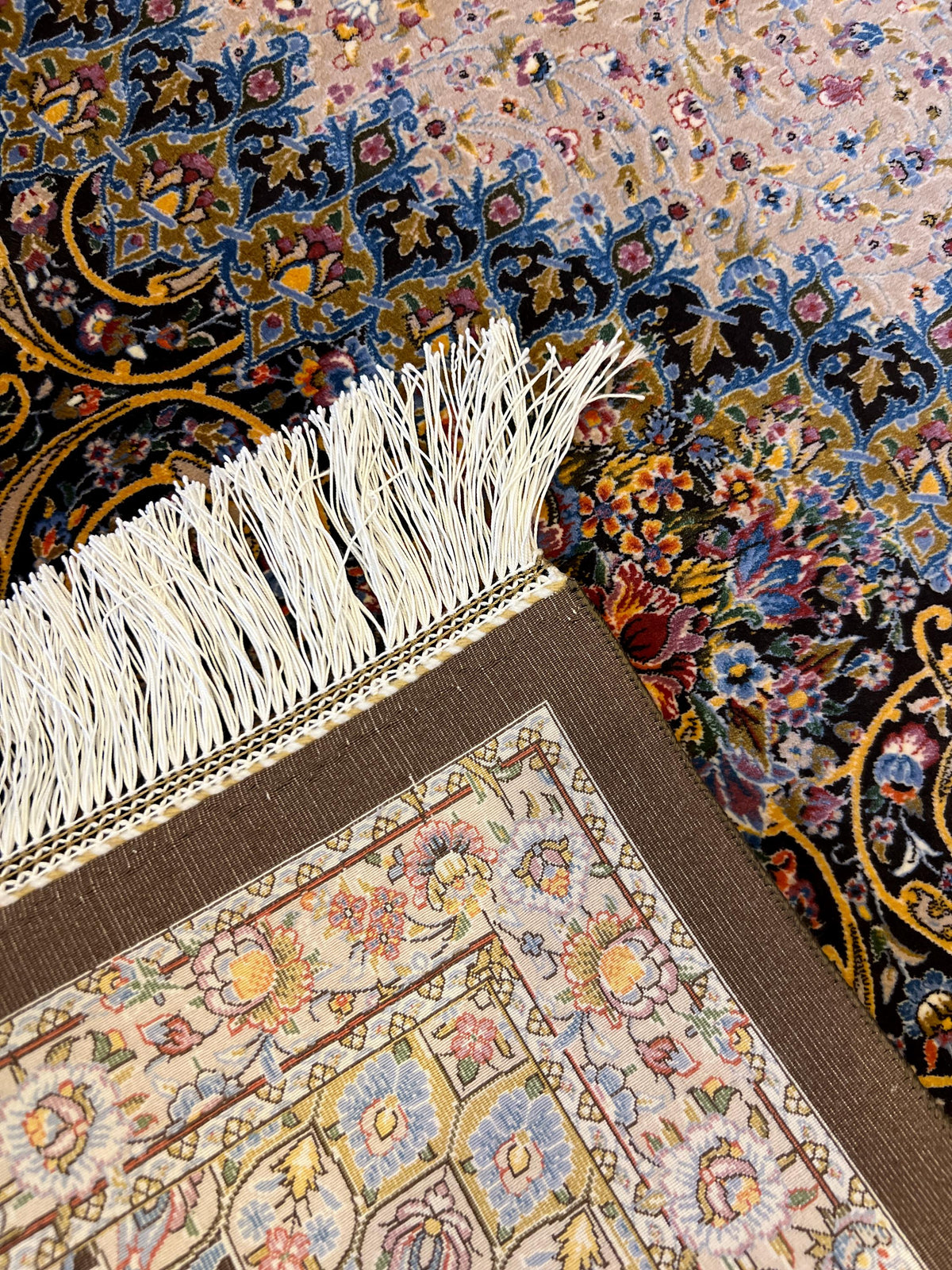5x8 ft Brown Blue Silk Rug, Classic Medallion Design, Turkish Style Home Decor