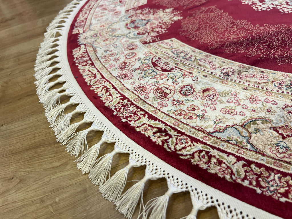 Round Silk Rug, Red Classic Turkish Carpet, Floral Medallion