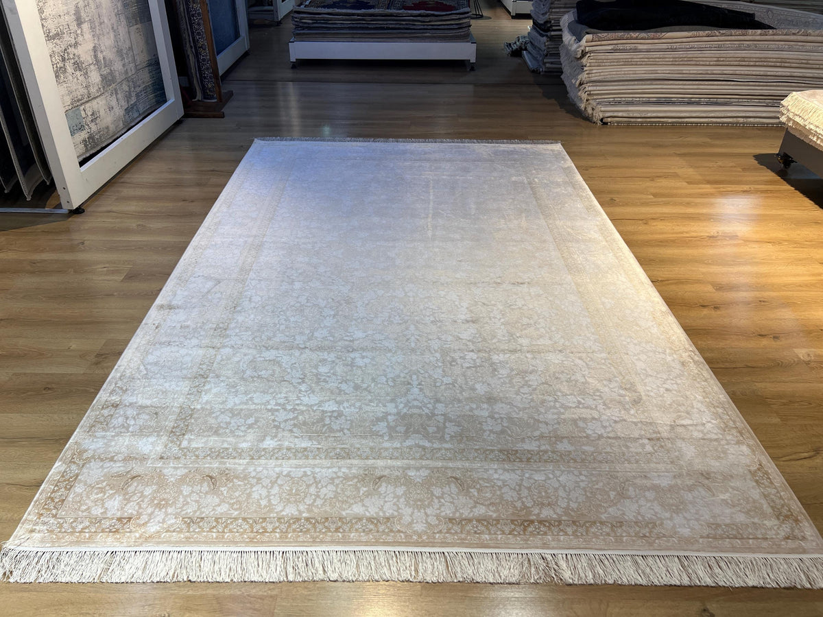 Cream Gold Silk Rug, Floral Pattern Classic Turkish Carpet