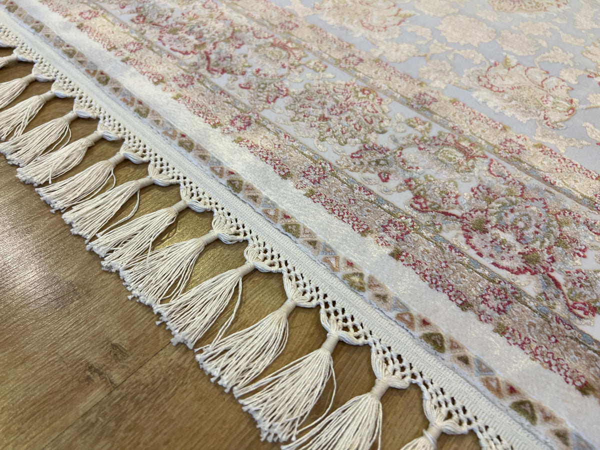 Ivory Silk Bamboo Rug with Gold Pattern and Framed Border, 3x5 ft, Classic Rug