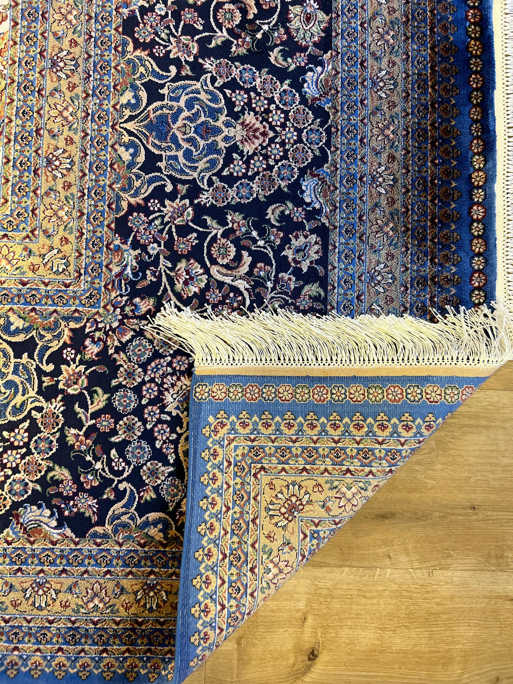 Bamboo Silk Rug 10x13 ft, Large Luxury Area Rug with Blue Medallion Design