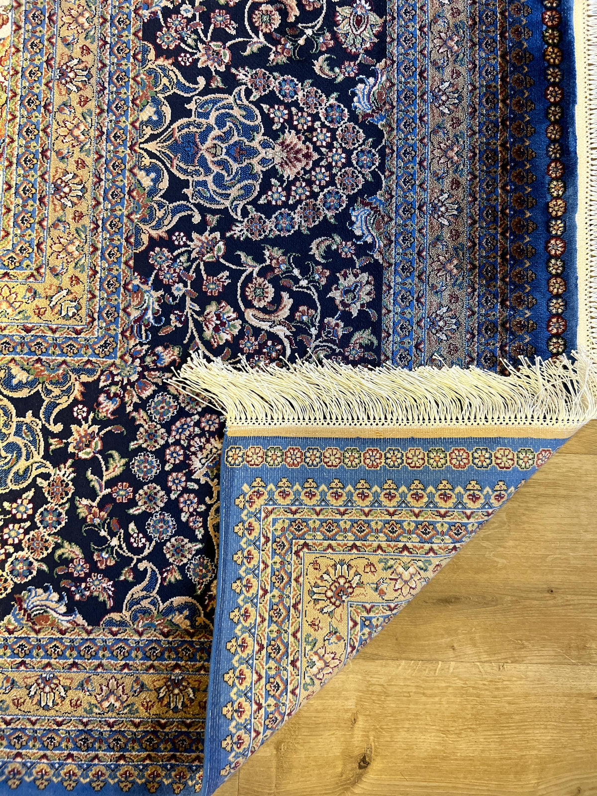 Bamboo Silk Rug 10x13 ft, Large Luxury Area Rug with Blue Medallion Design