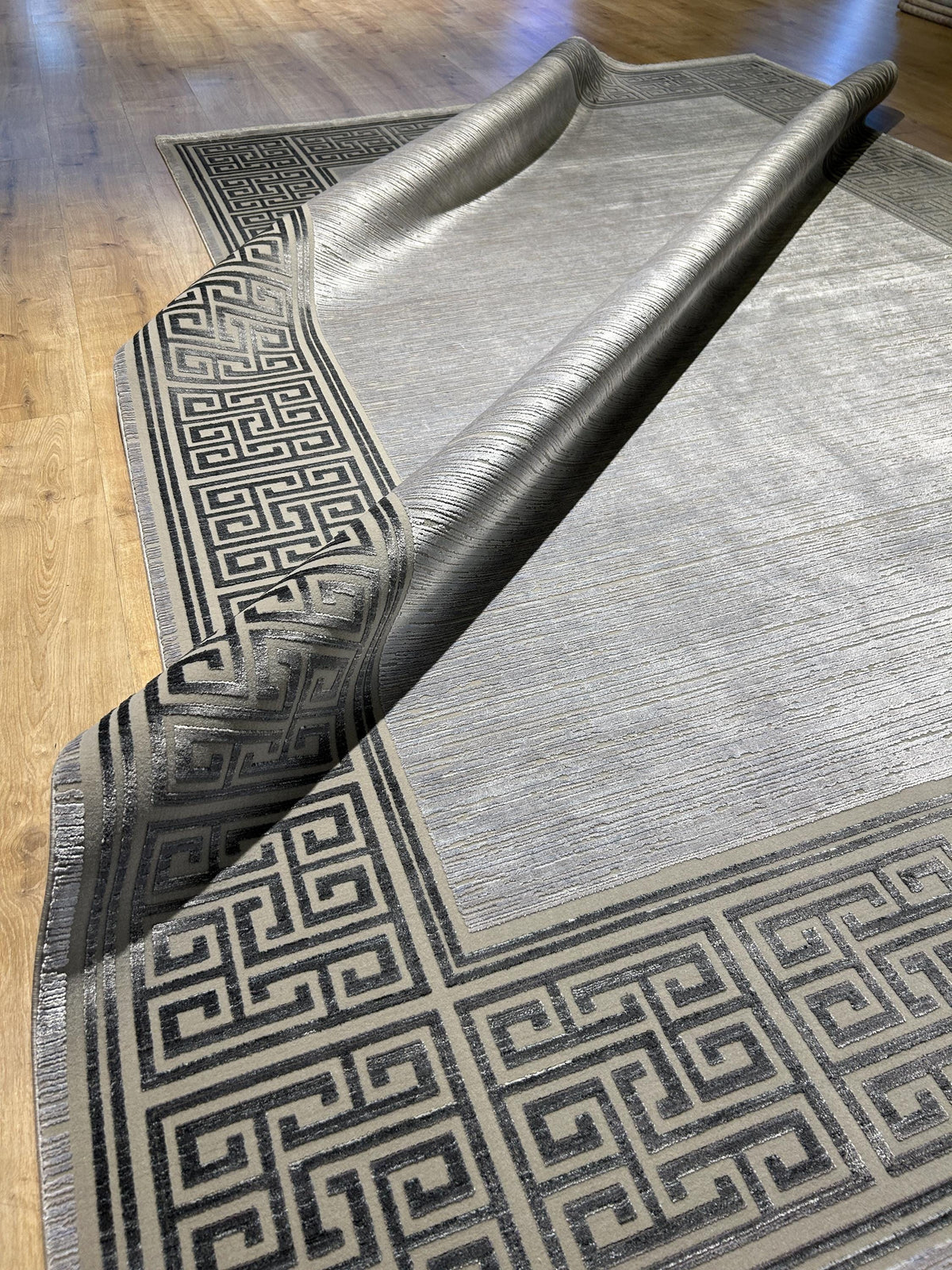 7x10 ft Gray Bamboo Rug, Bordered Minimalist Modern Rug