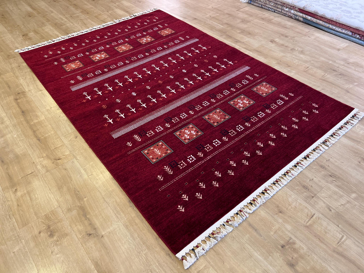 5x8 ft Red Wool Area Rug, Tree of Life Design, Ethnic Geometric Traditional Decor