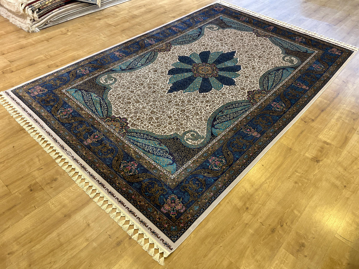 Ivory Silk Rug, Gold Blue Medallion, Classic Traditional Style Carpet