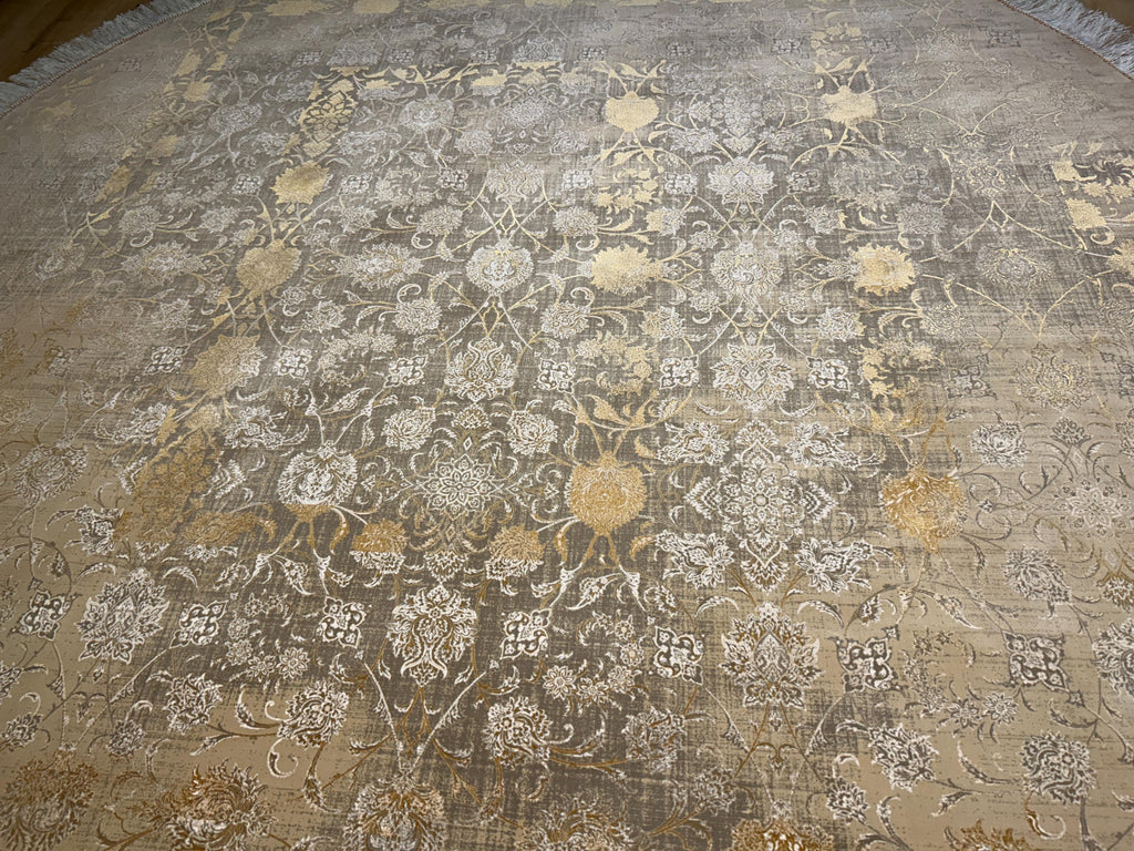 7x7 Ft Beige Gold Silk Rug, Distressed Floral Pattern Carpet