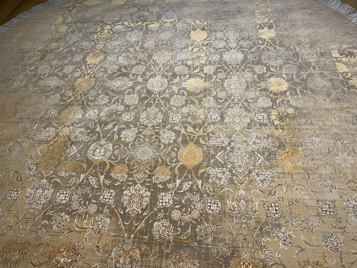7x7 Ft Beige Gold Silk Rug, Distressed Floral Pattern Carpet