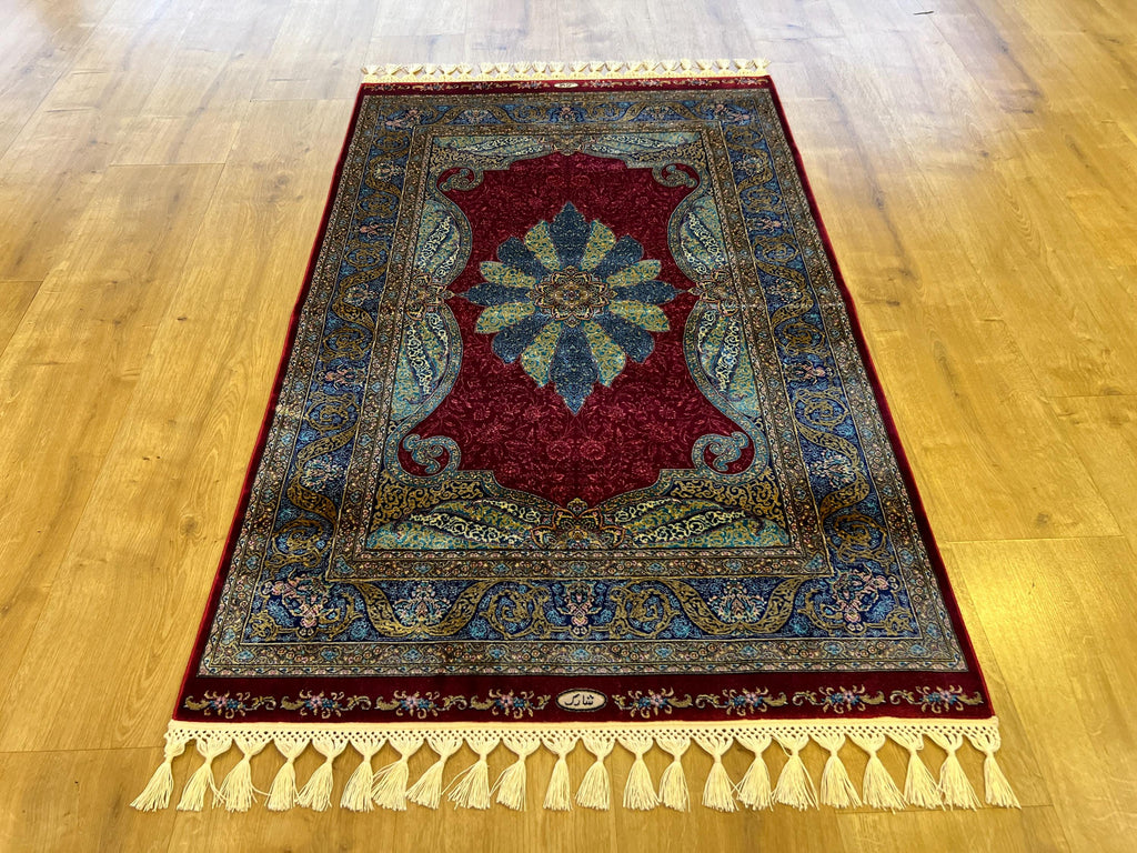 Red Silk Rug with Blue Medallion Pattern, Small Silk Carpet
