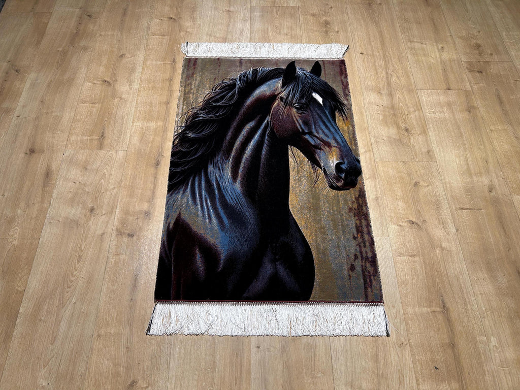 Horse Portrait Tapestry, Black Horse Silk Rug, Woven Wall Hanging, Rustic Home Decor