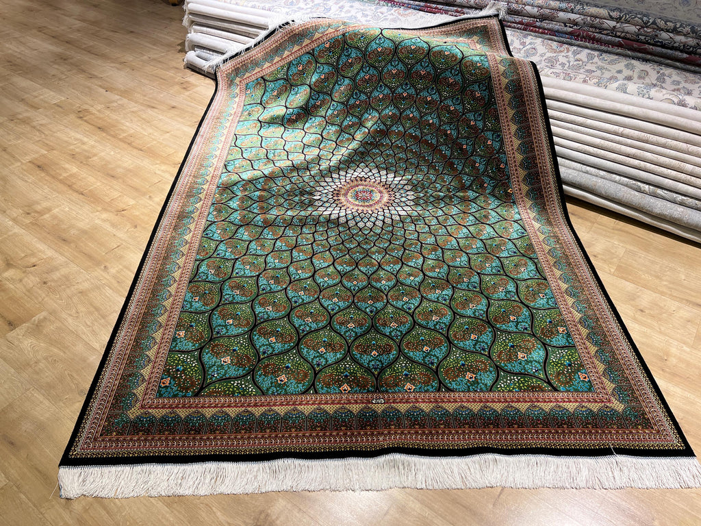 5x8 ft Luxury Green Silk Rug With Floral Border and Medallion