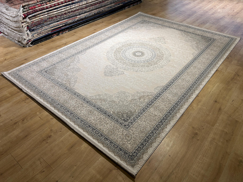 Cream Navy Blue  Bamboo Rug, Classic Medallion Bamboo Carpet, Home Decor