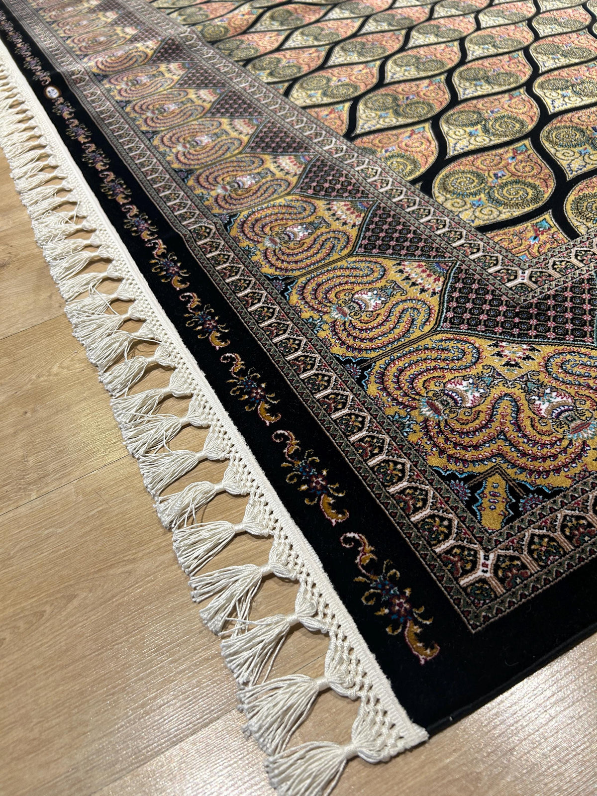 Gold Black Silk Rug, Medallion Peacock Tail Design Rug, Traditional Pattern Carpet