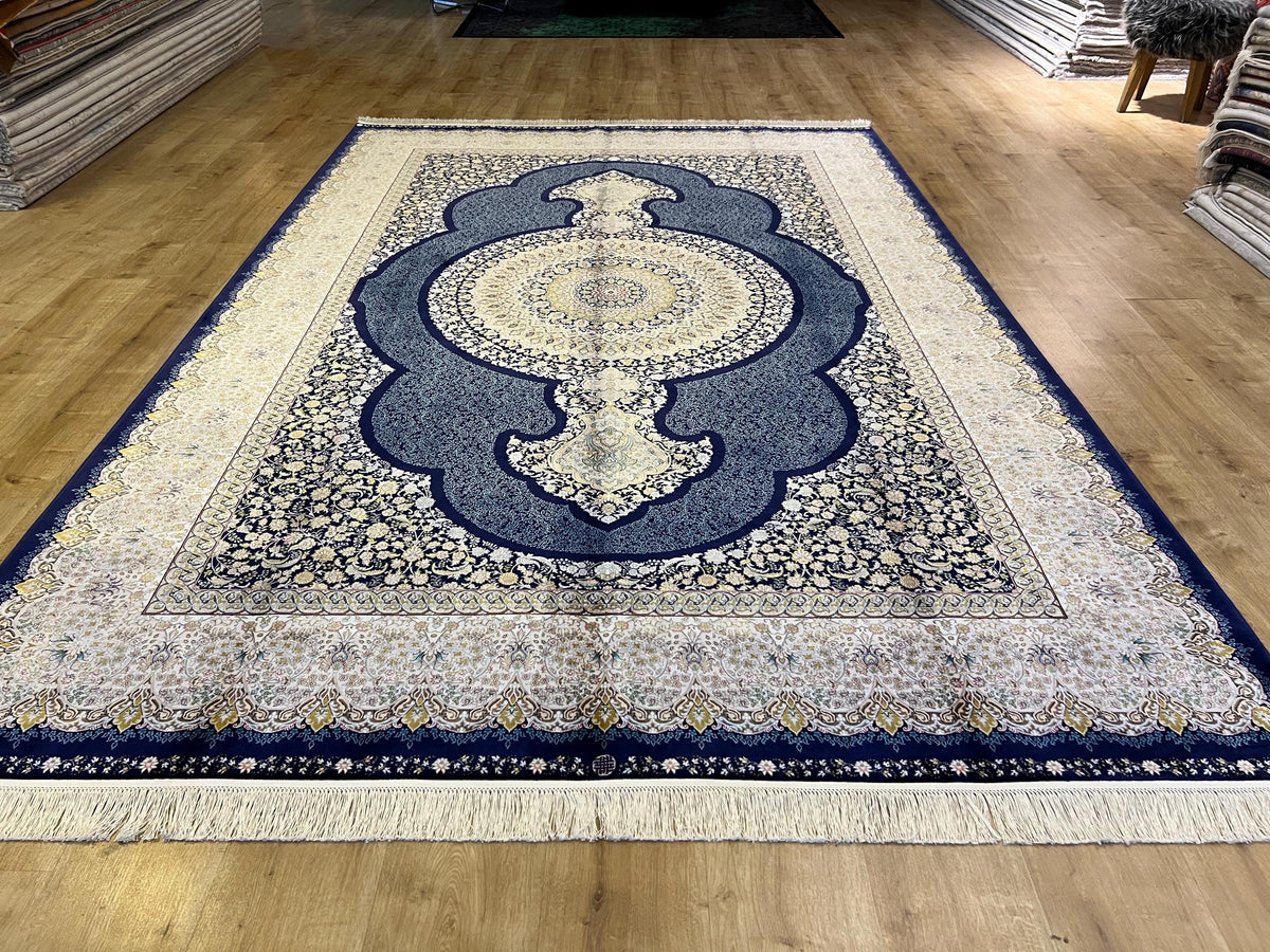 Navy Blue Modal Silk Turkish Carpet, 7x10 ft, Medallion Pattern Rug