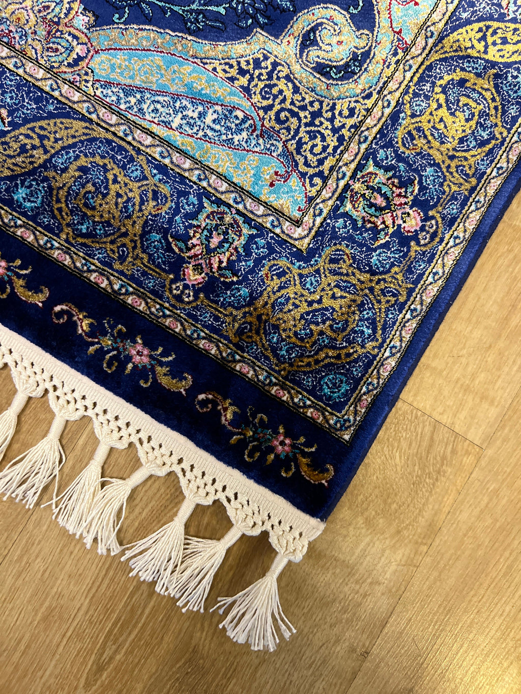 Navy Blue Silk Carpet, Medallion Design Classic Small Rug