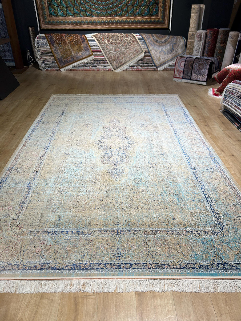 Beige Blue Silk Rug, Classic Silk Carpet with Distressed Pattern
