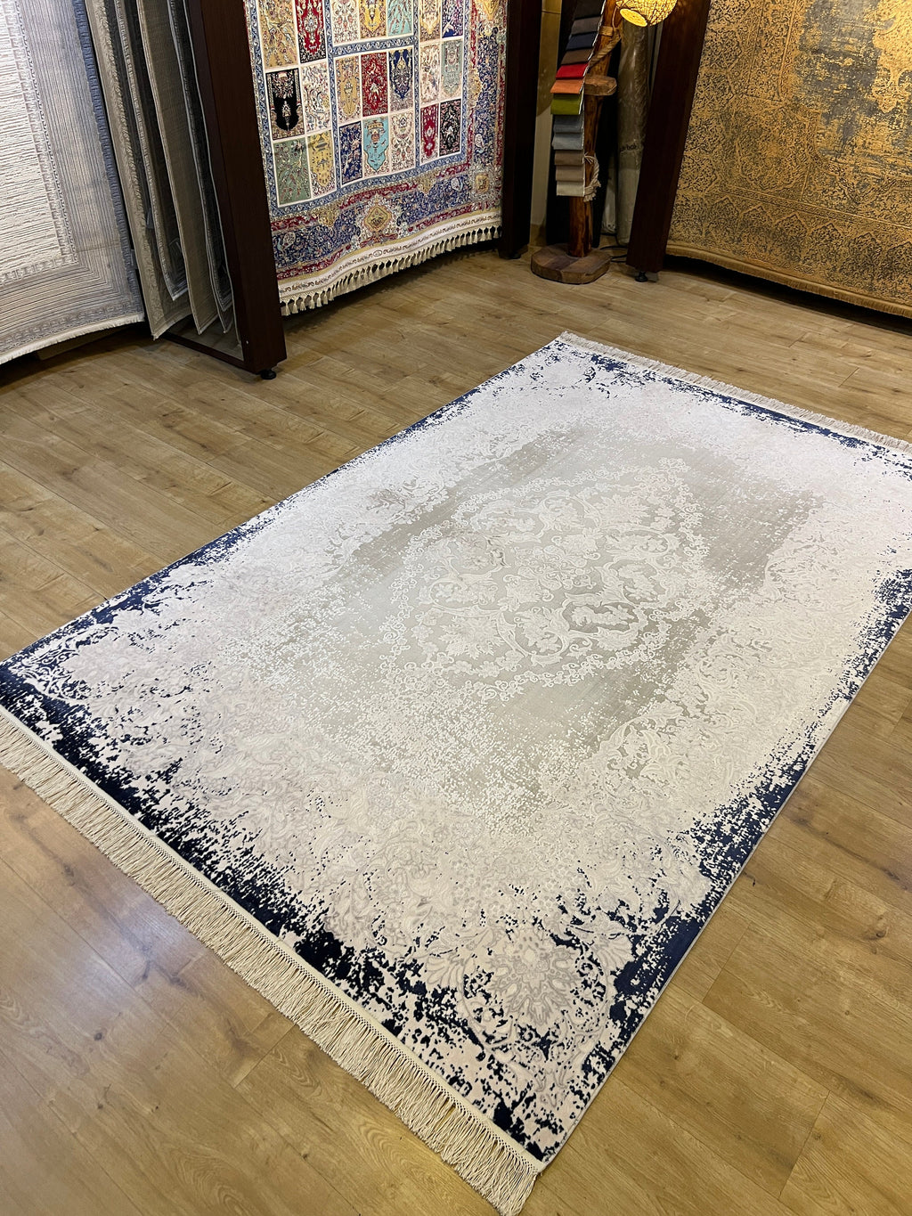 Blue Gray Bamboo Rug, Medallion Design Rug, 5x8 ft